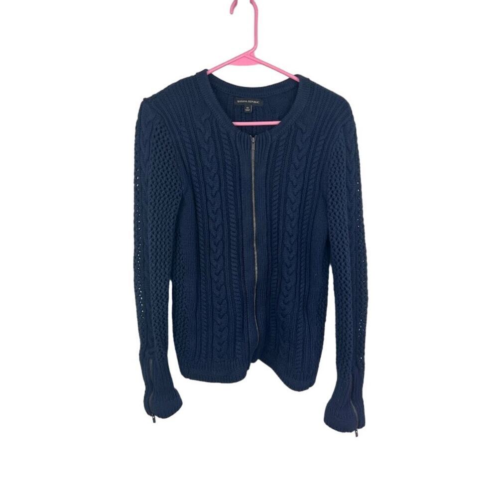 Banana republic navy blue cable knit full zip sweater size medium